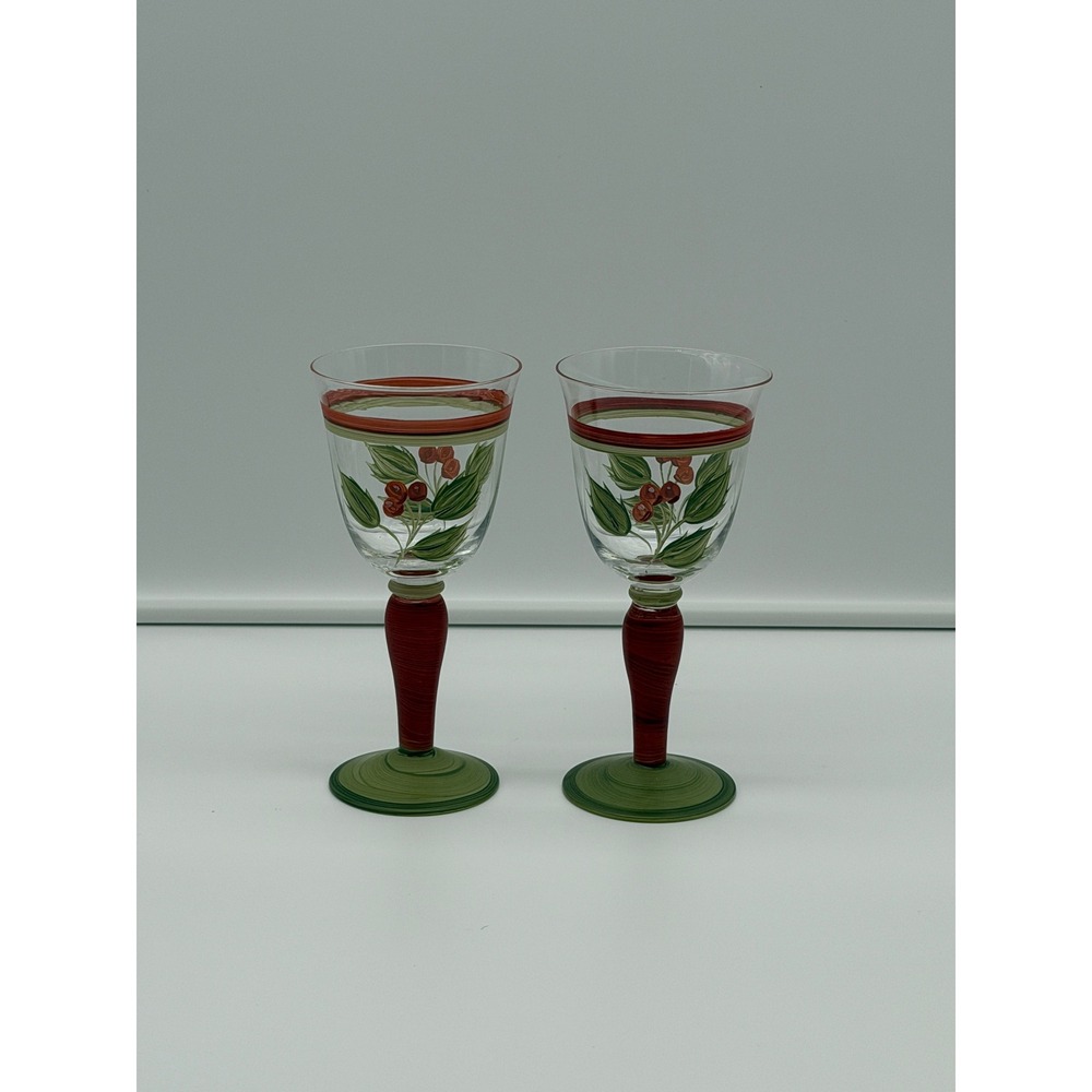 Hand Painted Home Victorian Holiday Wine Glasses Red Green Holly Berry Set of 2